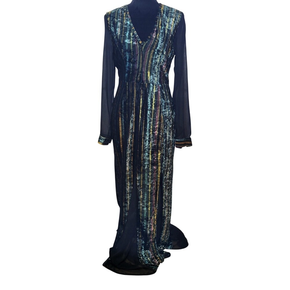 Romeo & Juliet Couture Metallic Striped Velvet Maxi Dress Multi Small $175 ret.